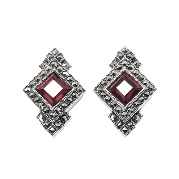 Judith Jack Jewelry - Vintage Judith Jack sterling silver 925 marcasite red garnet clip earrings